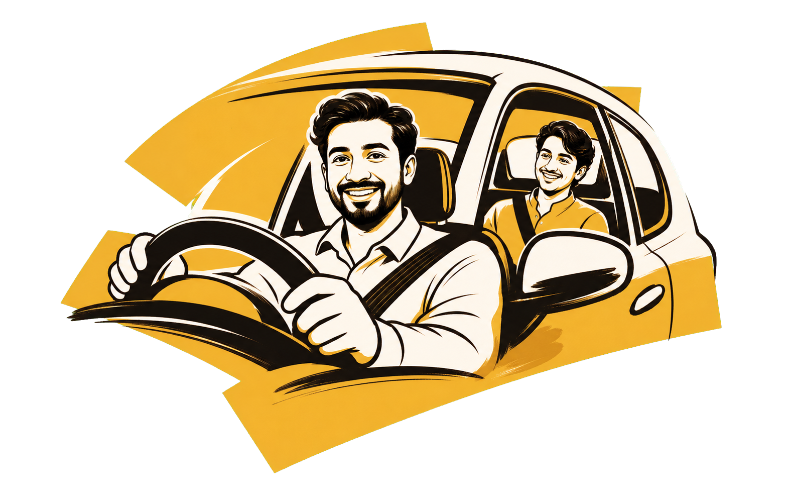 Driver and passenger smiling inside a car