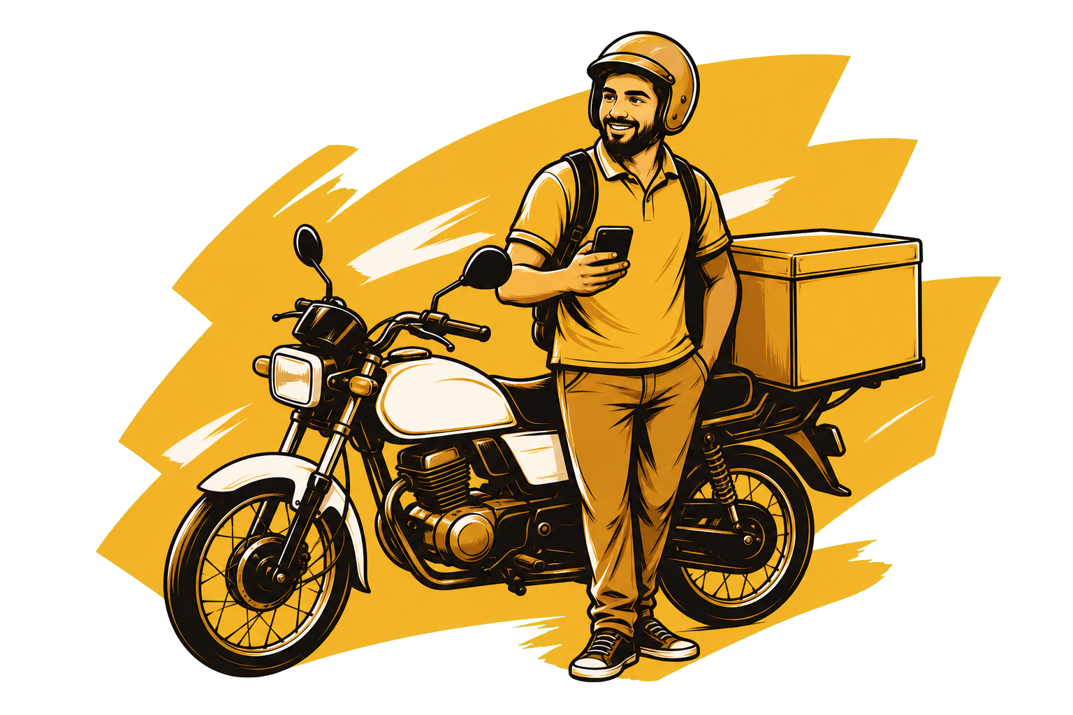 Delivery rider with his bike and parcel box