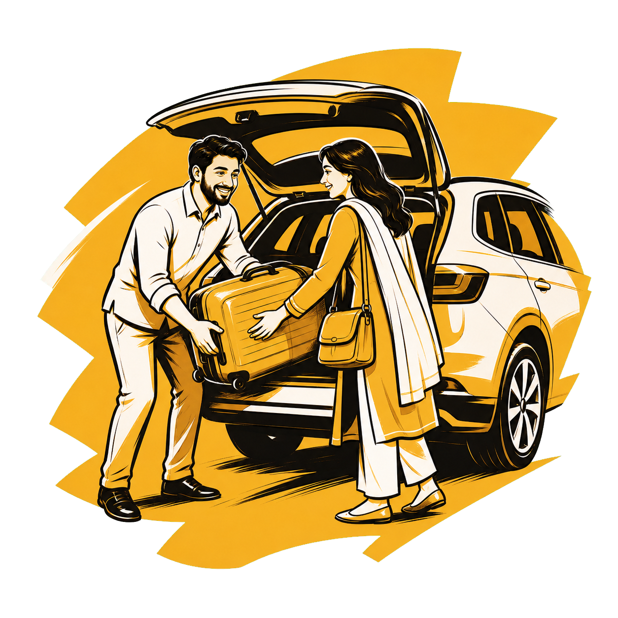 Driver helping a passenger load luggage into the car